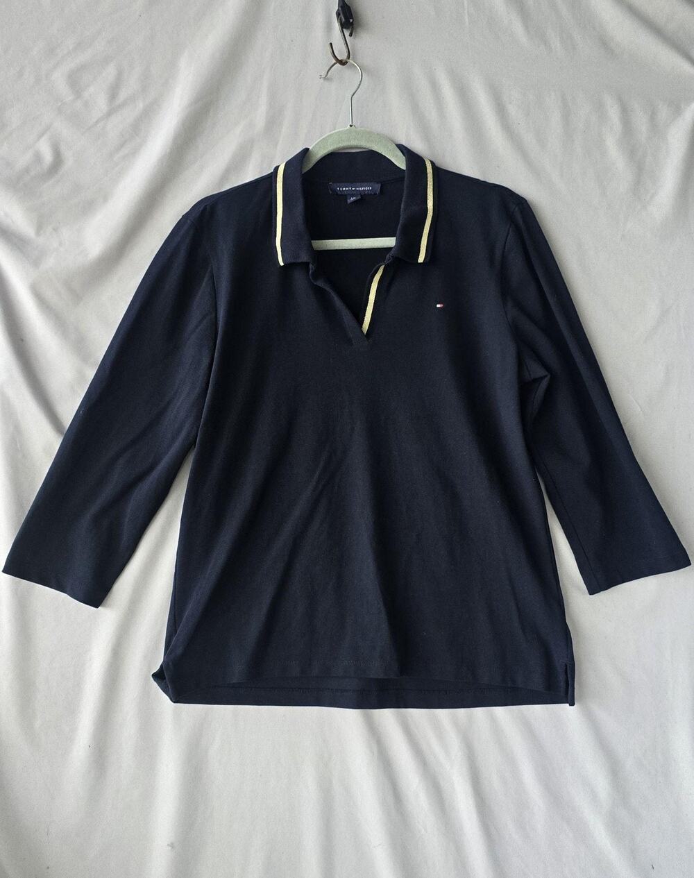 Tommy Hilfiger Polo Shirt Womens Large Navy 3/4 Sleeve Contrast Collar Top